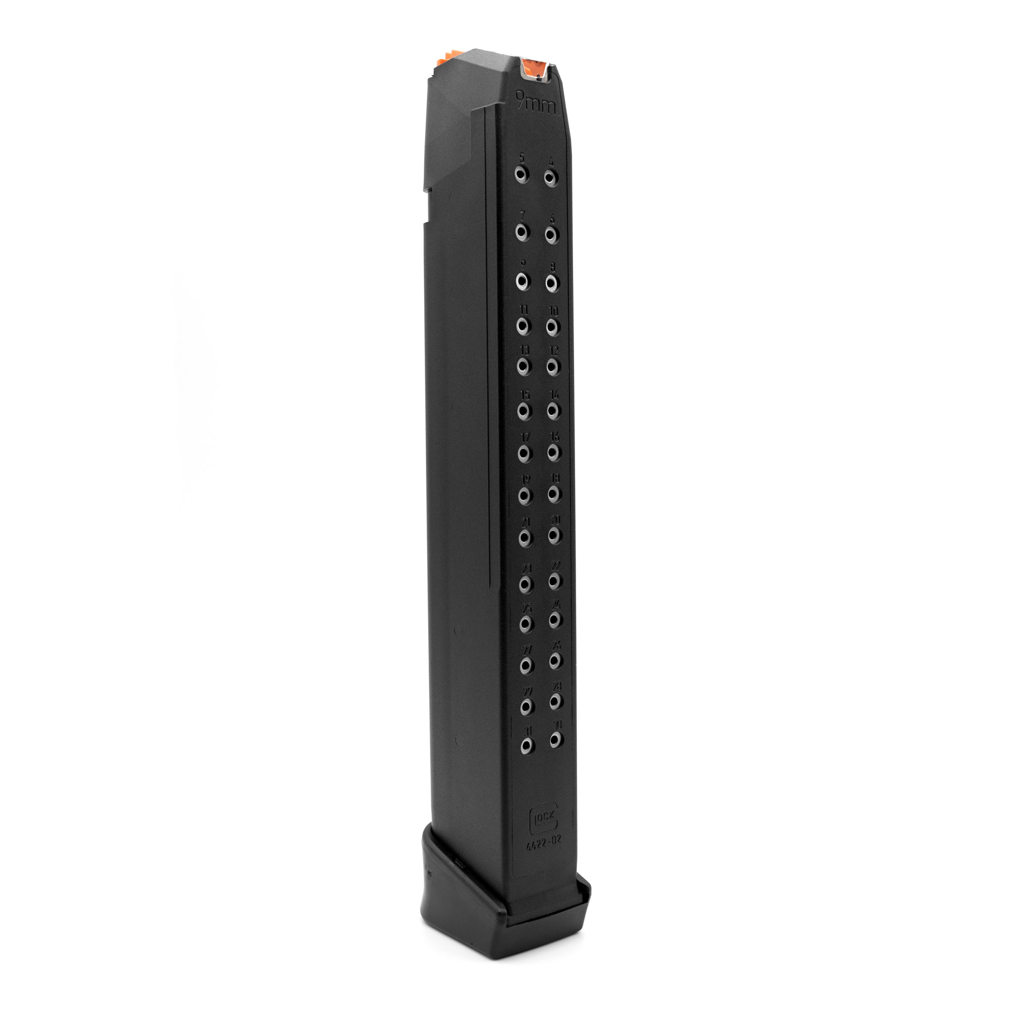 Glock 33 Round Mag 9mm w/ Orange Follower -  Glock 17 Mag -  Official Glock Brand Glock 33 Round Mag 9mm, Glock 17 Extended Mag, Glock Extended Magazine, Glock OEM Mag 9mm, Glock Mag Extension, Glock 17 Accessories, SUB-2000 Glock Mag, KEL-TEC SUB-2000 Magazine, SUB-2000 33 Round Mag, Glock Mag for SUB-2000