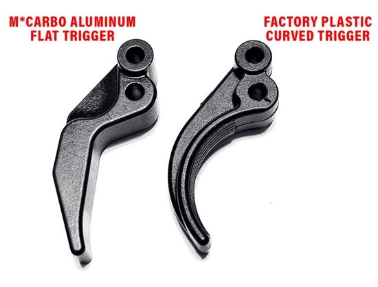 Side by Side Comparison of the Factory Plastic P17 Trigger and the M*CARBO Flat Aluminum Trigger