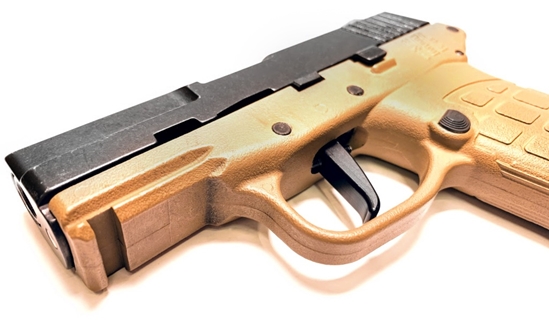 KEL-TEC PF-9 Flat Trigger Upgrade Installed on Tan PF9 Pistol