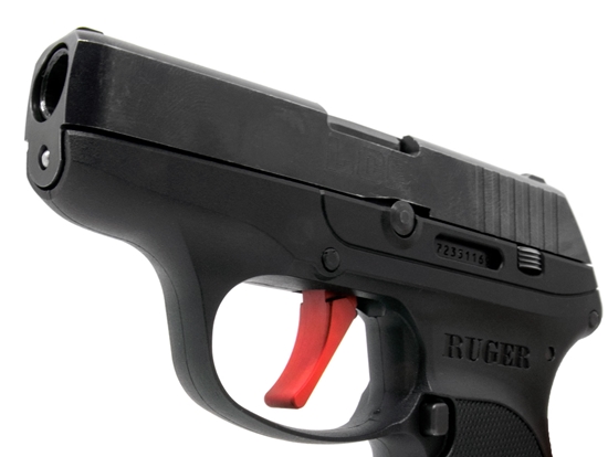 Close-up Ruger LCP Flat Trigger Installed on Ruger LCP - Red Trigger