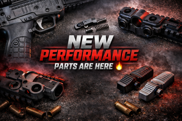 New performance firearm parts including trigger components, selector switches, and tactical accessories with bold “New Performance Parts Are Here” text